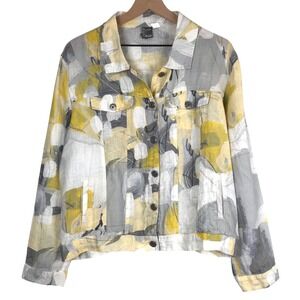 DOLCEZZA Simply Art 100% Linen Abstract Print Jacket Sz L Yellow Gray Trucker EC